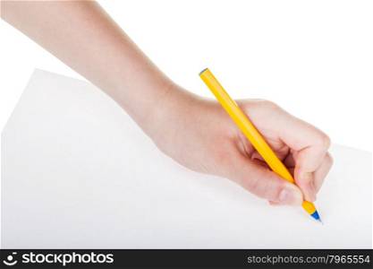 hand drafts by blue pen on sheet of paper isolated on white background