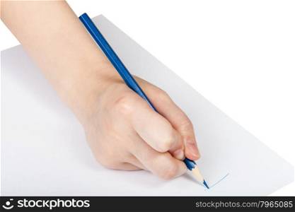 hand drafts by blue pencil on sheet of paper isolated on white background