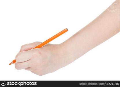 hand drafts by orange pencil isolated on white background