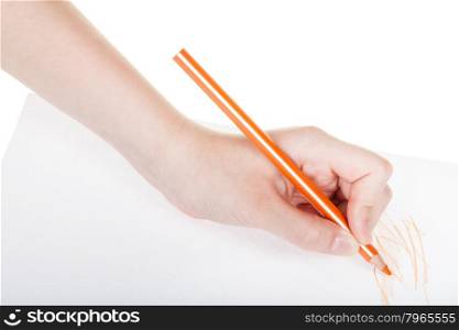 hand drafts by orange pencil on sheet of paper isolated on white background