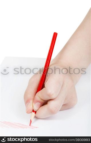 hand drafts by red pencil on sheet of paper isolated on white background