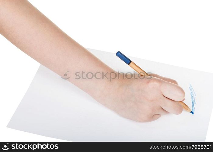 hand drafts by wooden blue pencil on sheet of paper isolated on white background
