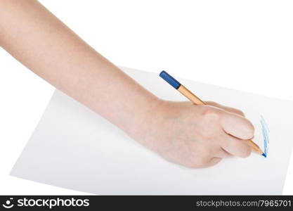 hand drafts by wooden blue pencil on sheet of paper isolated on white background