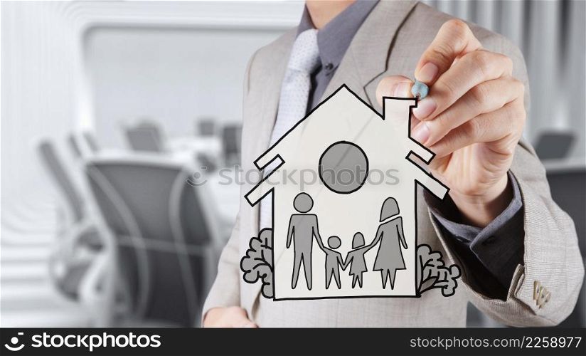 hand draw family and house as insurance concept