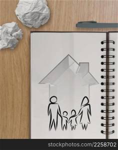 hand draw family and house icon on note book with wooden background as insurance concept
