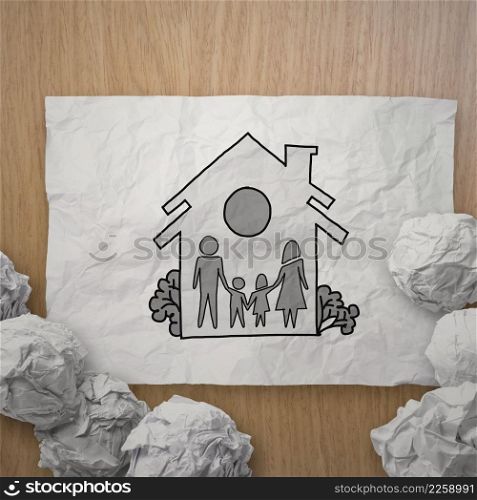 hand draw family and house on crumpled paper as insurance concept