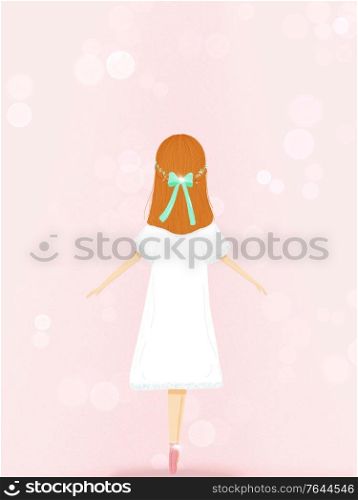 Hand-draw illustration of a ballet dancer girl with pointe shoes over light pink background