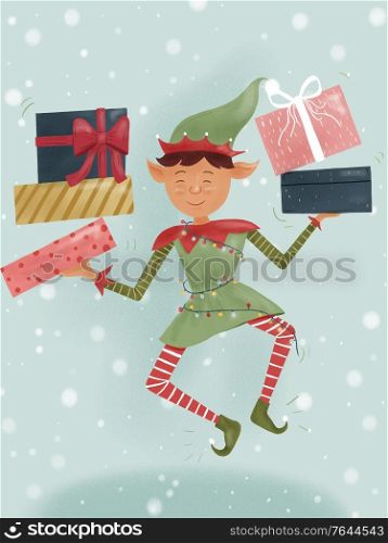 Hand-draw Illustration of Christmas dwarf Elf holding Santa Claus gifts.