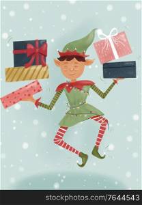 Hand-draw Illustration of Christmas dwarf Elf holding Santa Claus gifts.