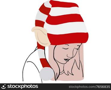 Hand draw outline portrait of a caucasian girl with christmas costume, ears and hat. Skin color sample on her face.