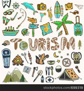 Hand draw Travel icons set. Summer holiday - camping and sea vacation. Journey doodle sketch elements in vector.. Hand draw Travel icons set. Summer holiday - camping and sea vacation. Journey doodle sketch elements in vector