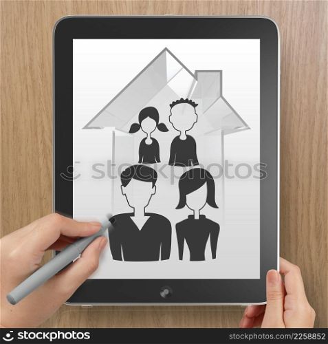 hand drawing 3d house wtih family icon on tablet computer as insurance concept