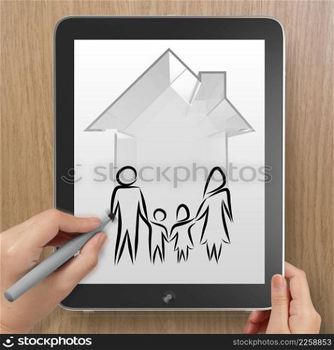 hand drawing 3d house wtih family icon on tablet computer as insurance concept
