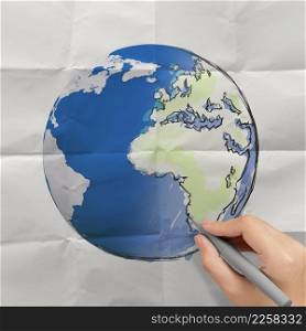hand drawing abstract globe on crumpled paper as concept