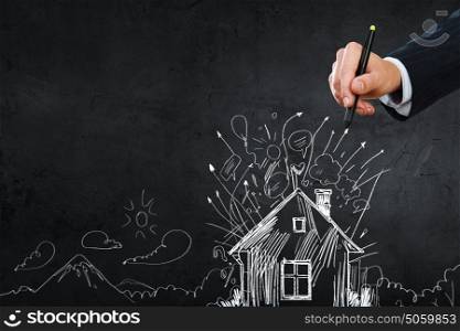 Hand drawing abstract house on a black background. Sketch of house