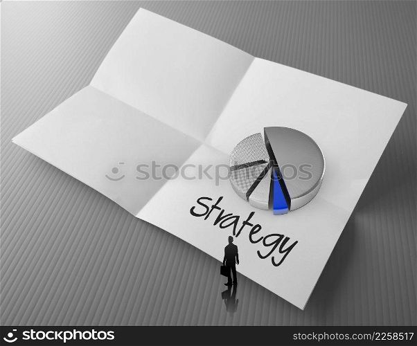  hand drawing business strategy word and 3d pie chart iconn crumpled papaer as concept