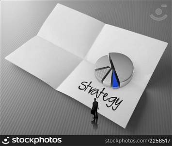 hand drawing business strategy word and 3d pie chart iconn crumpled papaer as concept