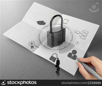 hand drawing cloud network diagram with padlock on crumpled paper as Internet security online business concept