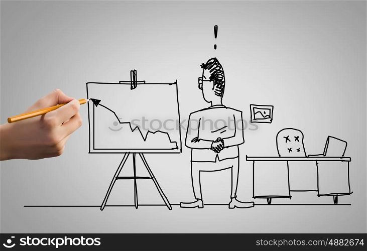 Hand drawing images. Hand draw pencil caricature of funny businessman