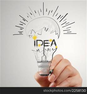 hand drawing light bulb and IDEA word design as concept