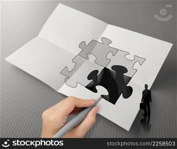 Hand drawing Partnership Puzzle and businessman icon on crumpled paper as concept