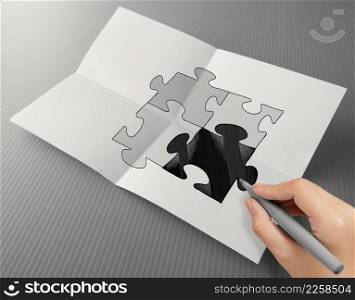 Hand drawing Partnership Puzzle on crumpled paper as concept