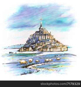 Hand drawing sketch of Mont Saint-Michel with sheep on a cloudy day, Brittany, France. Picture made by markers. Mont Saint-Michel, Brittany, France