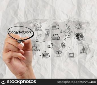 hand drawing social media icon with crumpled recycle paper background as concept