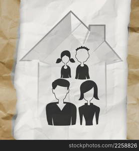 hand drawn 3d house wtih family icon on crumpled paper background as insurance concept