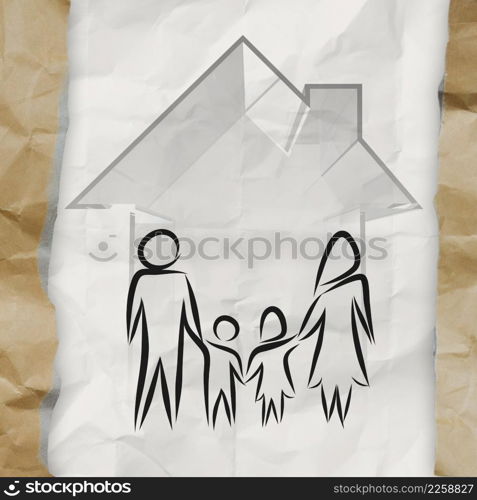 hand drawn 3d house wtih family icon on crumpled paper background as insurance concept