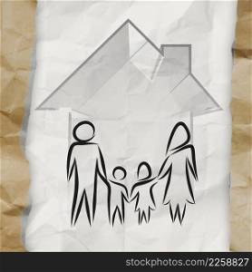 hand drawn 3d house wtih family icon on crumpled paper background as insurance concept