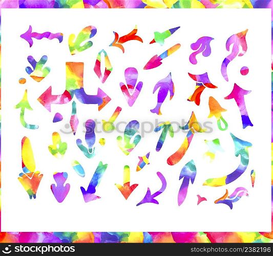 Hand drawn arrow icons set. Colorful watercolor arrows isolated on white background.. Colorful watercolor arrows set