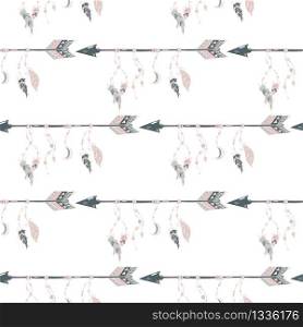 Hand drawn arrows with feathers and beads seamless pattern on white background. Boho arrows. Hand drawn vector illustration. Hand drawn arrows with feathers and beads seamless pattern on white background. Boho arrows.