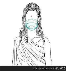 Hand drawn artistic illustration of an anonymous avatar of a asian indian young woman with a sign on her forehead, in a traditional outfit, wearing a medical mask web profile doodle isolated on white