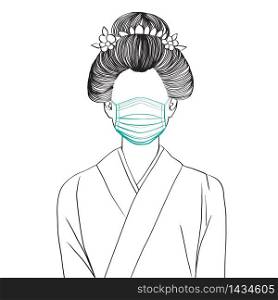 Hand drawn artistic illustration of an anonymous avatar of a asian young woman with bun coiffure in a traditional outfit, wearing a medical mask, web profile doodle isolated on white