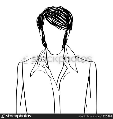 Hand drawn artistic illustration of an anonymous avatar of a rock and roll man with fancy hairslyle in a stage shirt, web profile doodle isolated on white