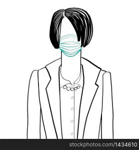 Hand drawn artistic illustration of an anonymous avatar of a young business woman or teacher with bob hairstyle in a jacket and shirt, wearing a medical mask, web profile doodle isolated on white