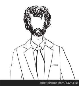 Hand drawn artistic illustration of an anonymous avatar of a young curly man in an office suit, web profile doodle isolated on white