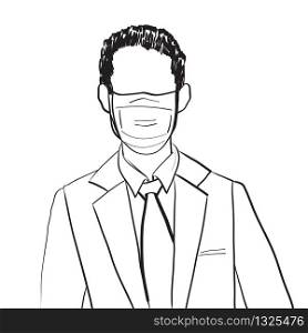 Hand drawn artistic illustration of an anonymous avatar of a young man with medical mask and office suit, businessman doodle isolated on white