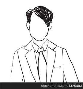 Hand drawn artistic illustration of an anonymous avatar of a young man in an office suit, web profile doodle isolated on white