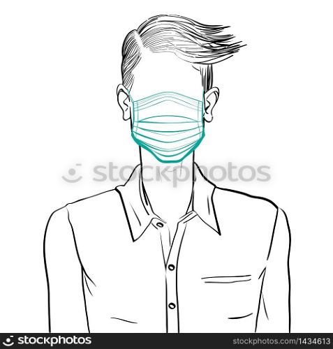 Hand drawn artistic illustration of an anonymous avatar of a young man with comb over hairstyle in an informal shirt, wearing a medical mask, web profile doodle isolated on white