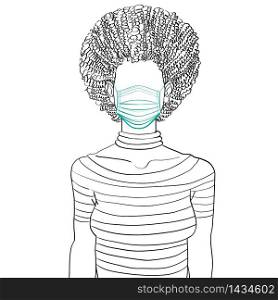 Hand drawn artistic illustration of an anonymous avatar of a young woman with african curly hair in a casual t-shirt wearing mask, web profile doodle isolated on white