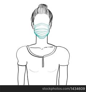 Hand drawn artistic illustration of an anonymous avatar of a young woman with bun in a casual shirt, wearing a medical mask, web profile doodle isolated on white