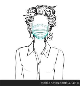 Hand drawn artistic illustration of an anonymous avatar of a young woman with fancy short wavy hairstyle in a casual shirt, wearing a medical mask, web profile doodle isolated on white