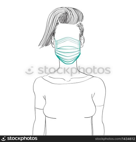 Hand drawn artistic illustration of an anonymous avatar of a young woman with comb over hairstyle in a casual shirt, wearing a mask, web profile doodle isolated on white