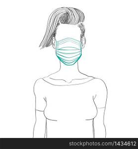 Hand drawn artistic illustration of an anonymous avatar of a young woman with comb over hairstyle in a casual shirt, wearing a mask, web profile doodle isolated on white