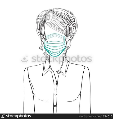 Hand drawn artistic illustration of an anonymous avatar of a young woman with short asymmetrical haircut in a casual shirt, wearing medical mask, web profile doodle isolated on white