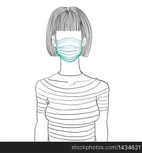 Hand drawn artistic illustration of an anonymous avatar of a young woman with bob coiffure and bang in a casual shirt, wearing a medical mask, web profile doodle isolated on white