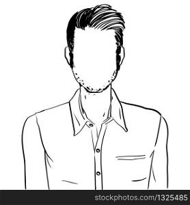 Hand drawn artistic illustration of an anonymous avatar of an unshaven young man with rebel hairstyle in an informal shirt, web profile doodle isolated on white
