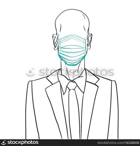 Hand drawn artistic illustration of an anonymous bald man in a business suit, wearing a medical mask, web profile doodle isolated on white